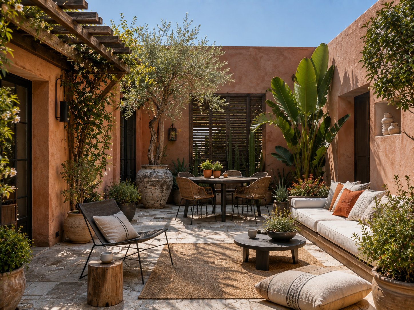 Terrasse en pierre sous une pergola, avec un olivier et un salon d’extérieur