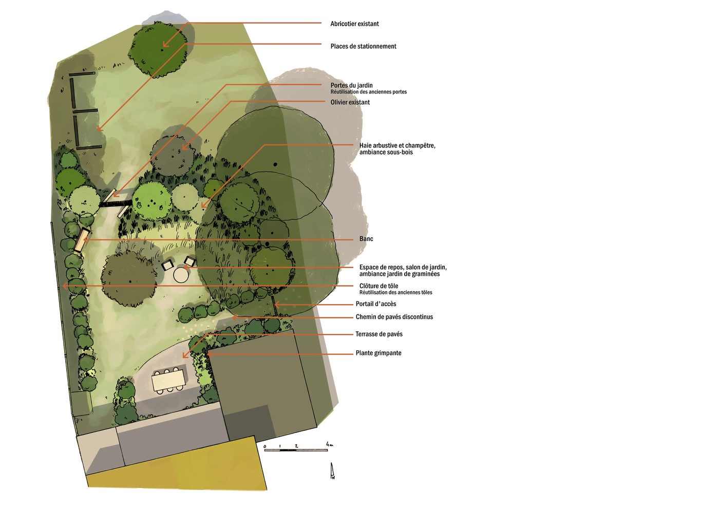 Plan de jardin indiquant les plantations, la terrasse et les accès