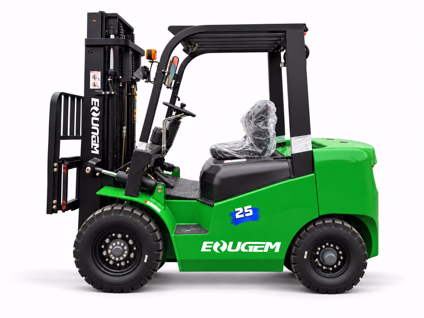 Green and black EOUQEM forklift with protective overhead guard and plastic-covered seat, shown in profile on white background.