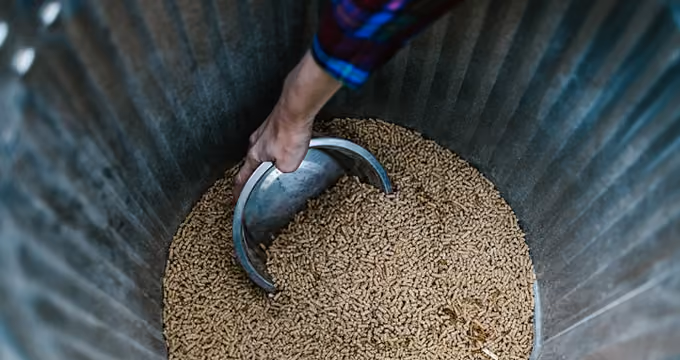 Ruka u zaštitnoj rukavici zahvata metalnom lopatom zrnevljasti sadržaj iz velike posude. Krupni kadar prikazuje sivu ivicu kontejnera i smeđe granule u prvom planu, dok zeleni odsjaj i digitalni artefakti dominiraju pozadinom.