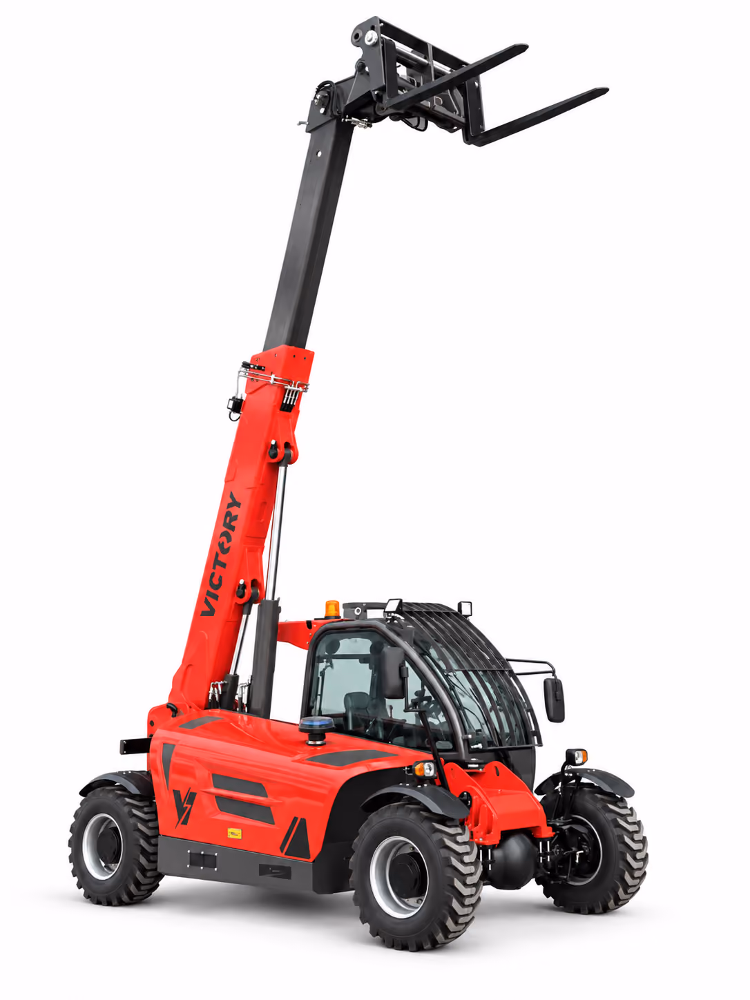 Red and black Victory telescopic forklift with extended boom and forks, large off-road tires, and enclosed cab, isolated on white background.