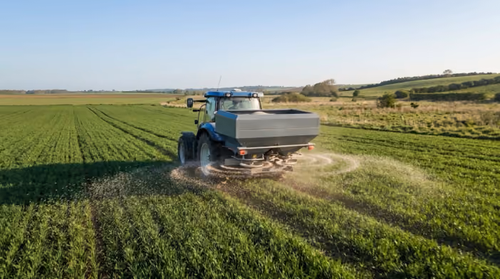Blue tractor spreading fertilizer on a lush green field under a clear blue sky during daytime.