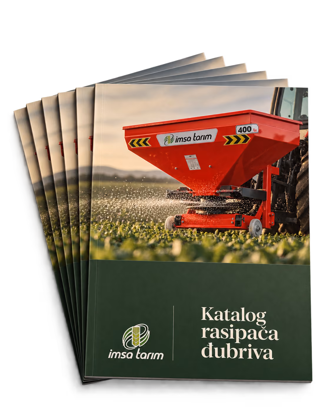Stack of brochures showing a red fertilizer spreader mounted on a tractor in a field, labeled with 'imsa tarim' and '400 L', with green cover text reading 'Katalog rasipača đubriva' and the imsa tarim logo.