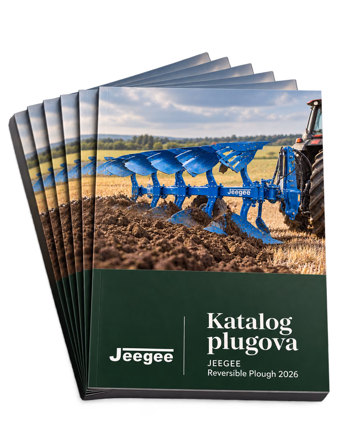 Stack of catalogs titled 'Katalog plugova' featuring a blue reversible plough attached to a tractor tilling soil in a field, with the brand name Jeegee and 'Reversible Plough 2026' on the cover.