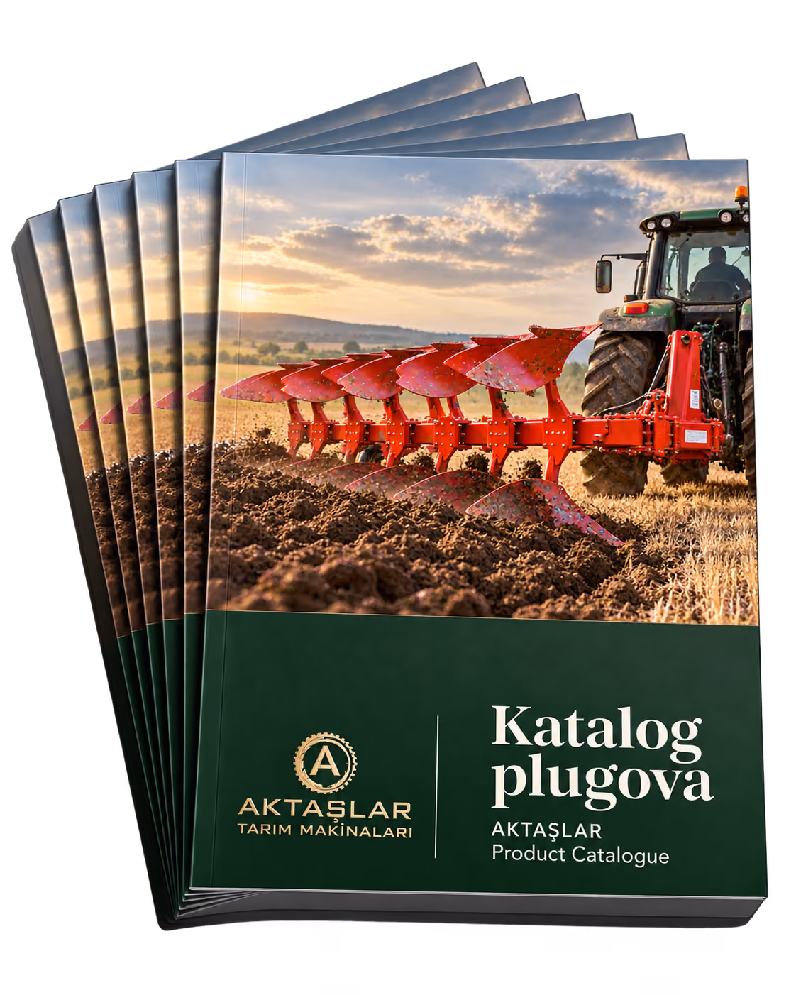 Stack of Aktaşlar product catalogues featuring a green and gold logo and a tractor pulling a red plow cultivating soil in a field under a partly cloudy sky.