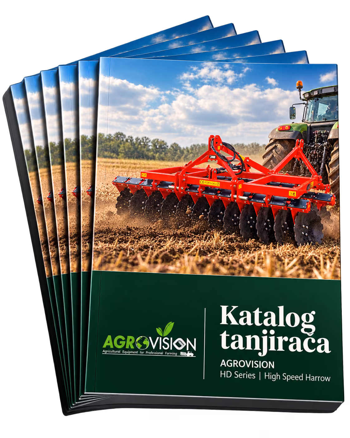 Stack of catalogs featuring a green tractor pulling a red high-speed harrow tilling a field under a blue sky with scattered clouds, with the text 'Katalog tanjirača AGROVISION HD Series | High Speed Harrow.'