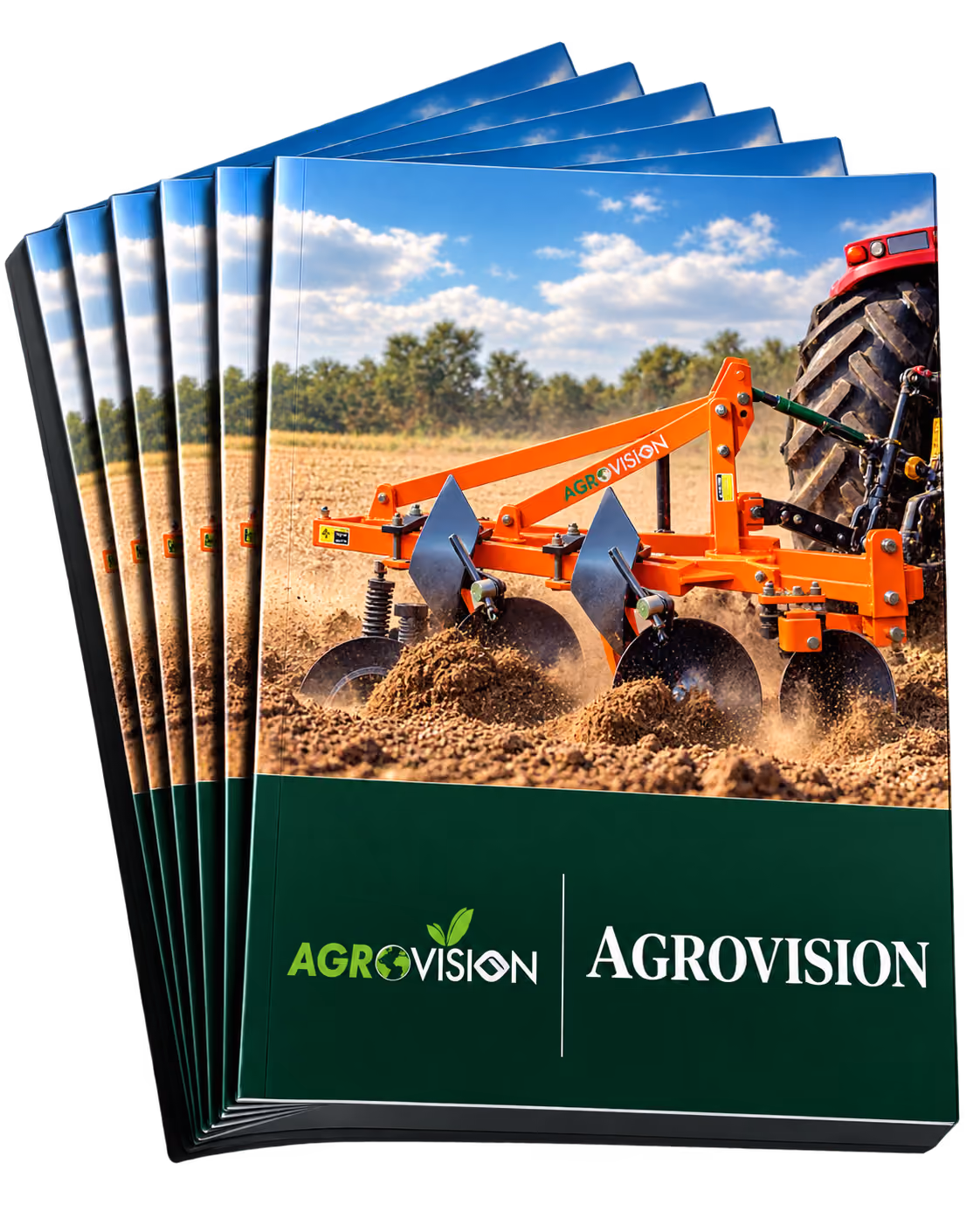 Stack of brochures featuring an orange agricultural plow attached to a red tractor, digging into soil under a blue sky with scattered clouds, with the Agrovision logo and text below on a green background.