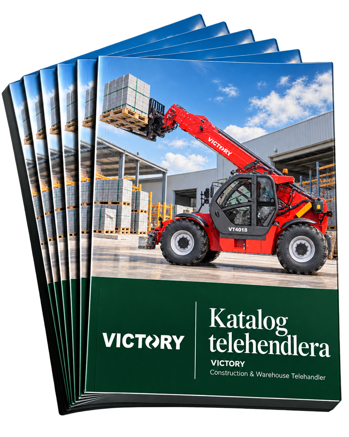 Katalog telehendlera sa prikazom crvenog telehendlera marke Victory koji podiže paletu blokova u skladišnom prostoru na otvorenom ispred industrijske hale pod plavim nebom.