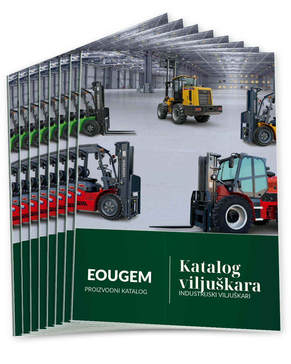 Katalog EOUGEM sa slikama industrijskih viljuškara crvene, žute i zelene boje u velikom, praznom industrijskom prostoru, sa tekstom "EOUGEM proizvodni katalog" i "Katalog viljuškara industrijski viljuškari" na tamno zelenoj pozadini.