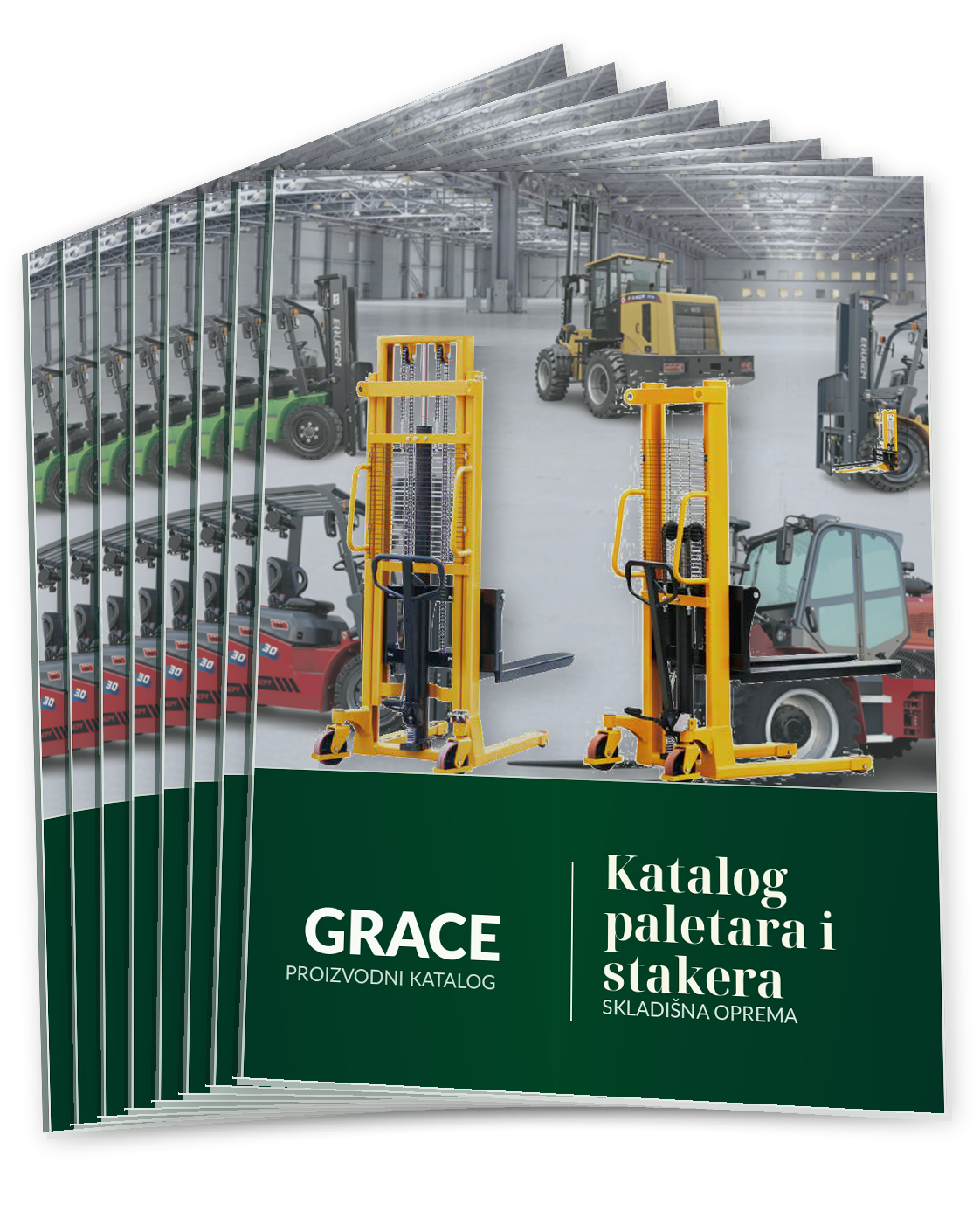 Naslovna strana kataloga za paletare i stakere sa slikama žutih stakera i raznih uređaja za skladišnu opremu u velikom skladištu, na tamno zelenoj pozadini tekst: Grace proizvodni katalog i Katalog paletara i stakera skladišna oprema.