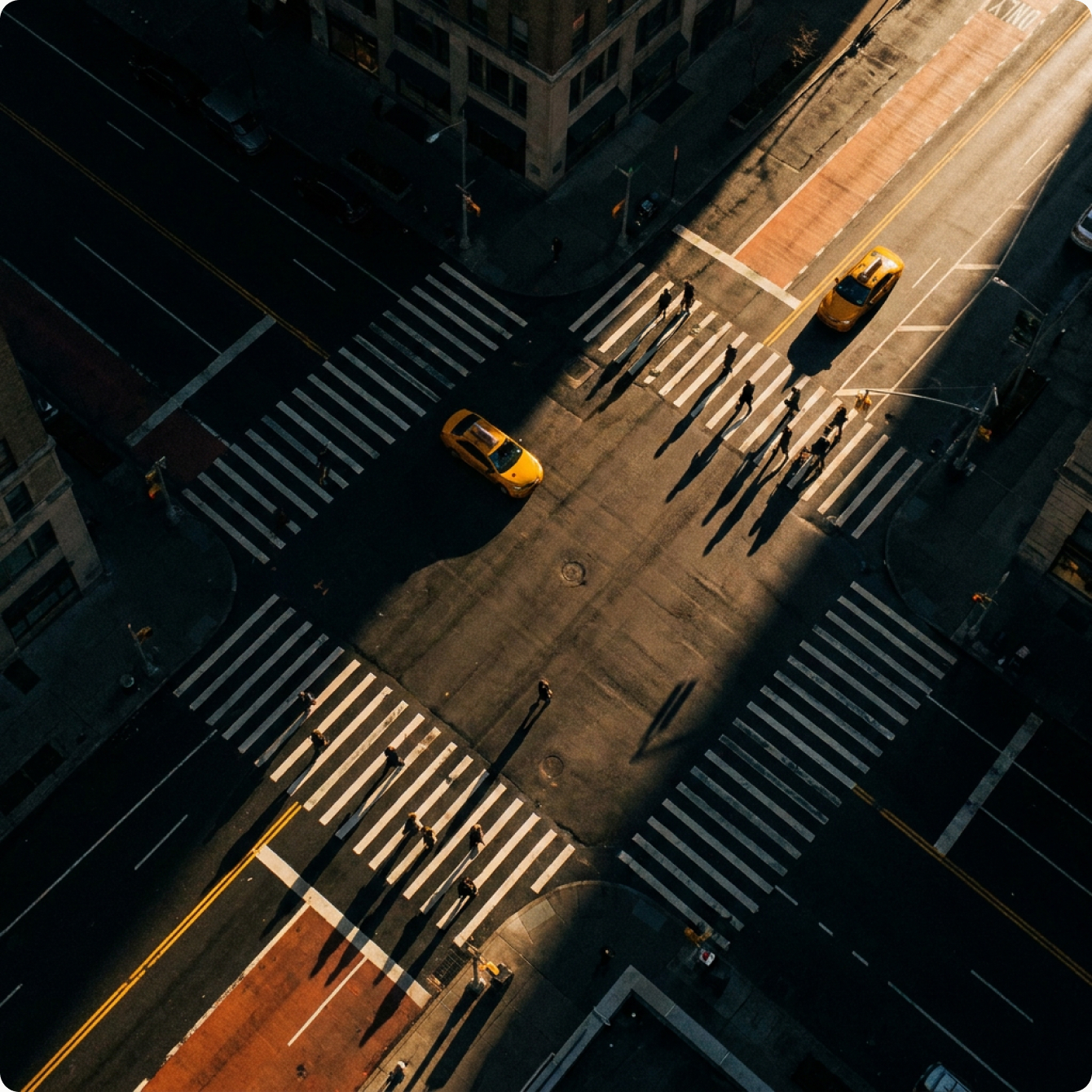Aerial view of a busy city crossing at night
