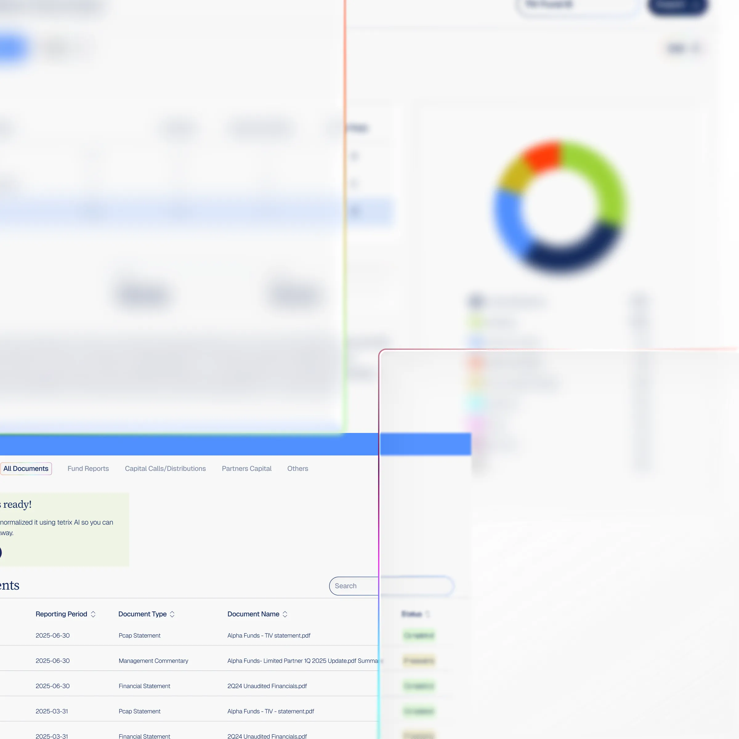 Tetrix All Documents view on a laptop showing tracked fund documents