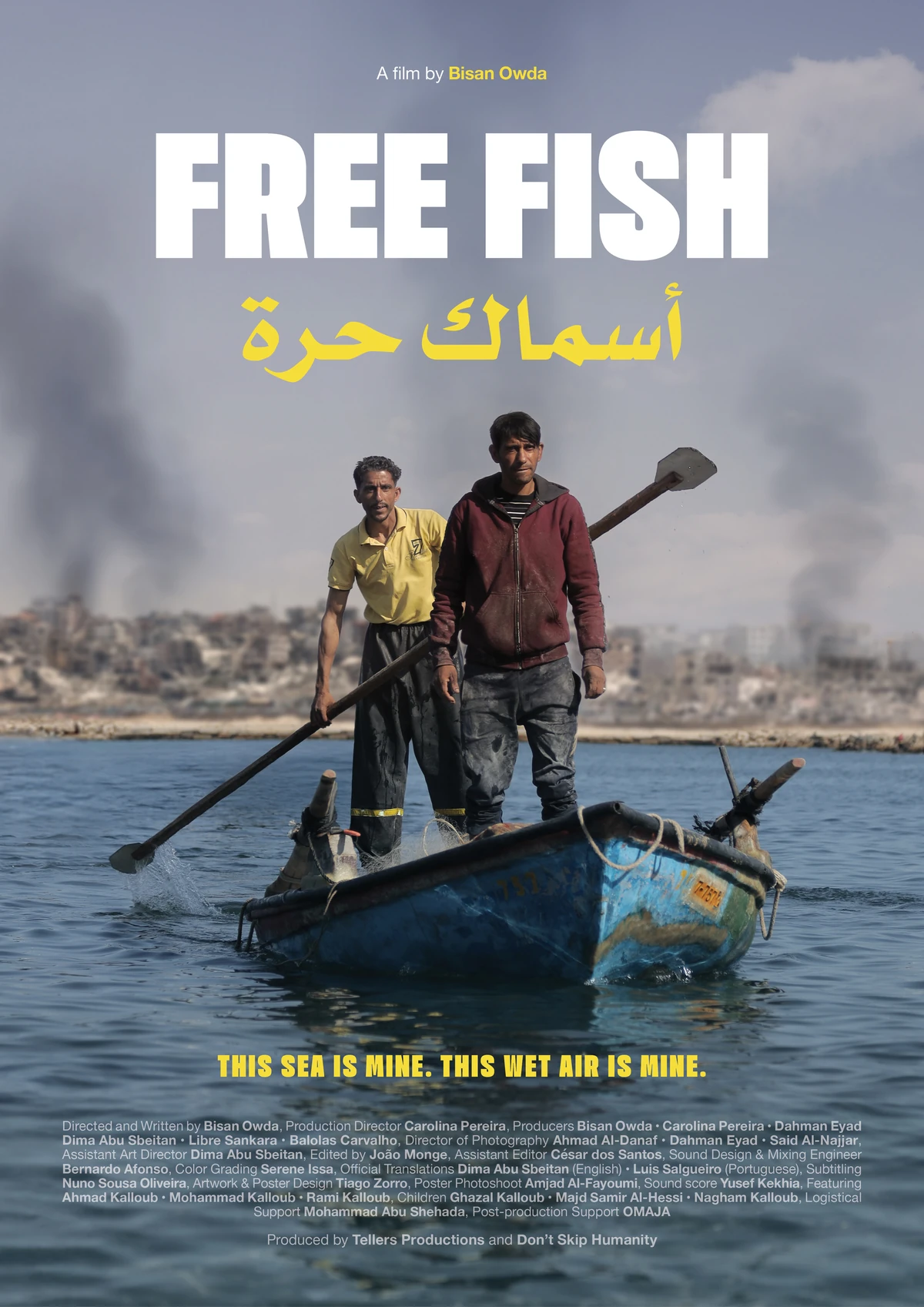 Free Fish film poster: two fishermen in a small boat off the coast of Gaza