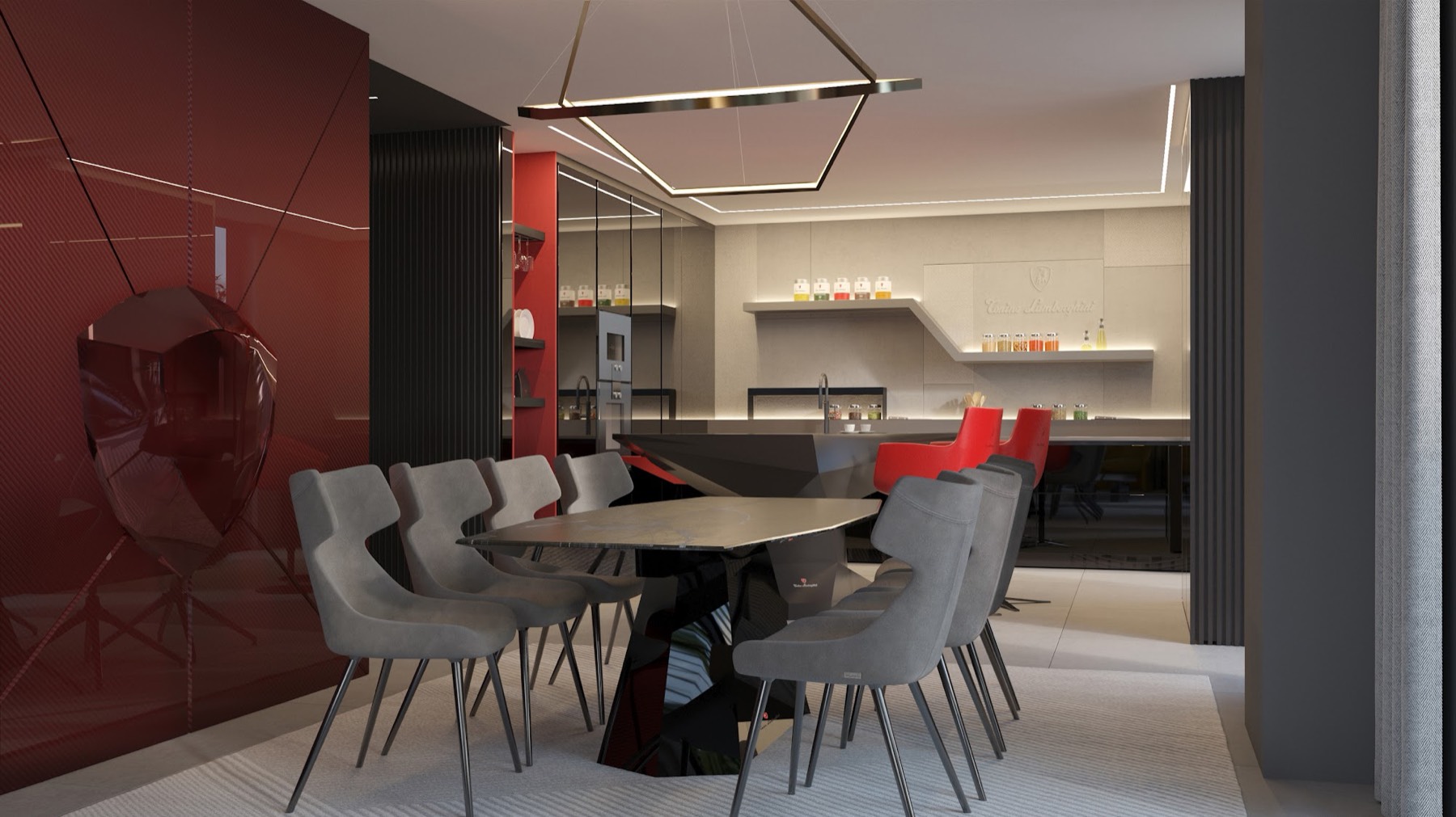 Tonino Lamborghini Residences: living and dining, with the tonino lamborghini shield