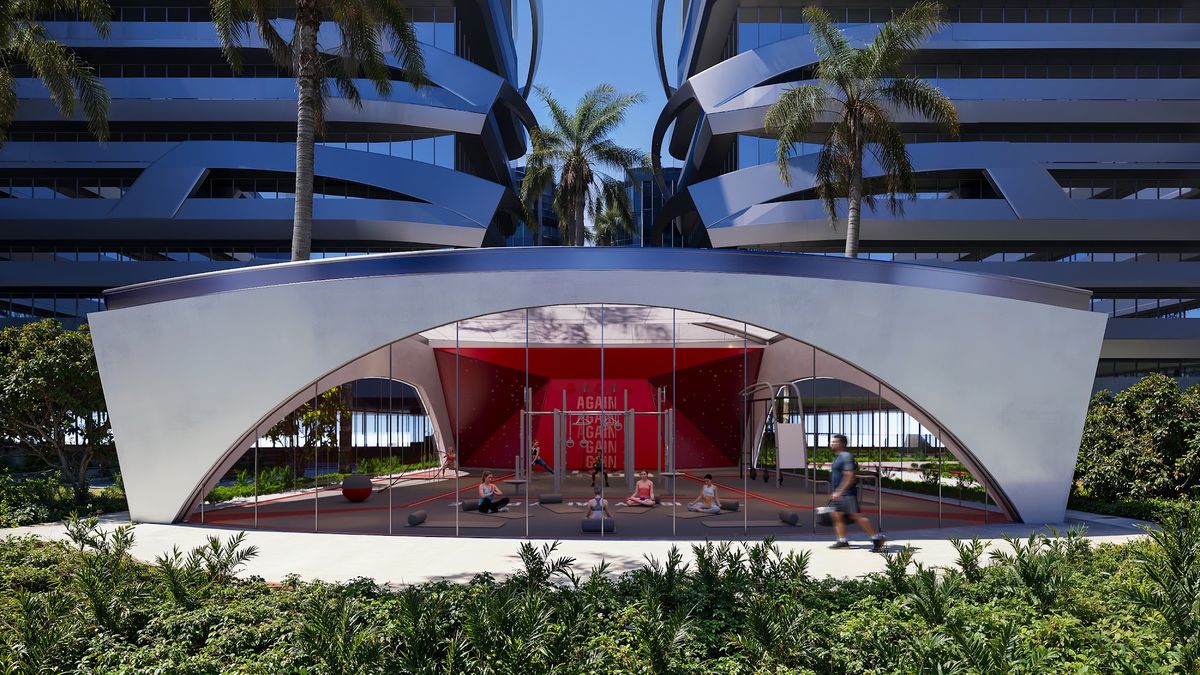 Outdoor wellness hub between the towers