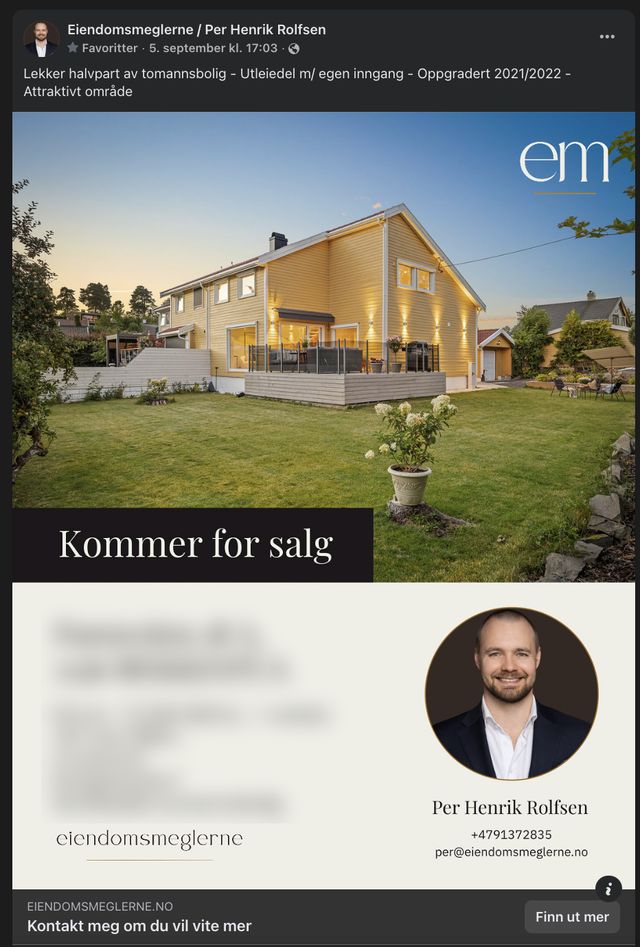 Boligannonse på Facebook med megleren som avsender. Adresse og pris er sladdet.