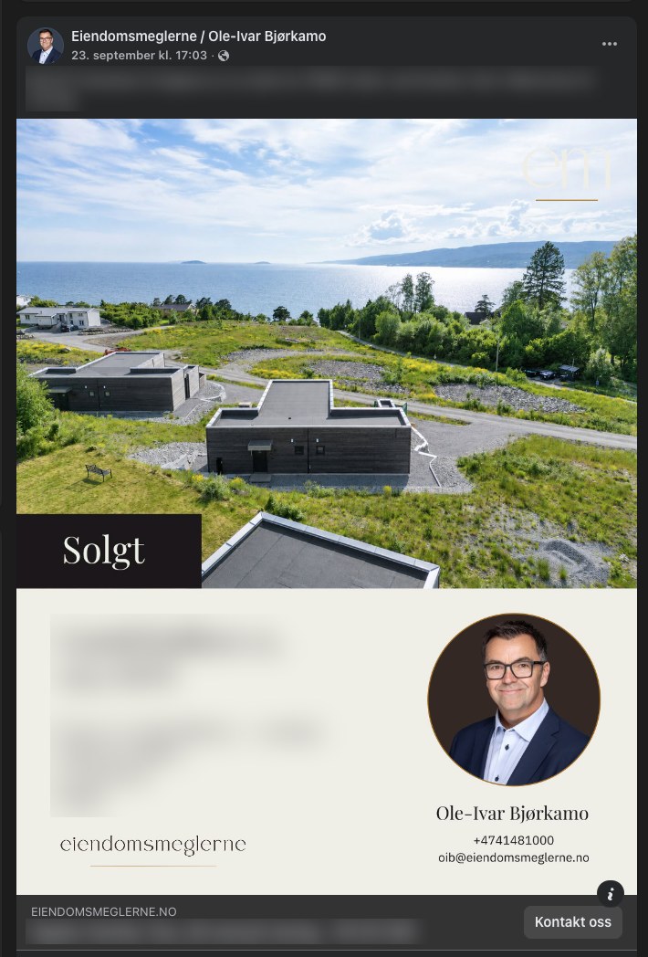 Solgt-annonse på Facebook med Ole-Ivar Bjørkamo som avsender. Adresse, pris og boliginfo er sladdet.