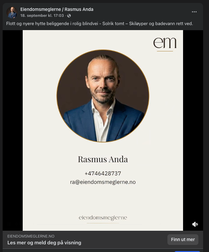 Siste bilde i en videoannonse på Facebook med Rasmus Andas portrett, navn og kontaktinformasjon