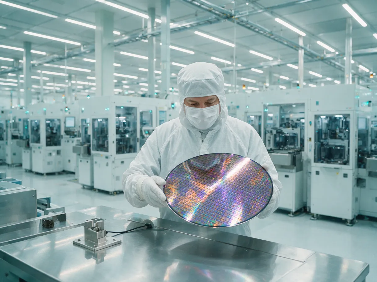 Engineer in a cleanroom suit inspecting a 300mm wafer