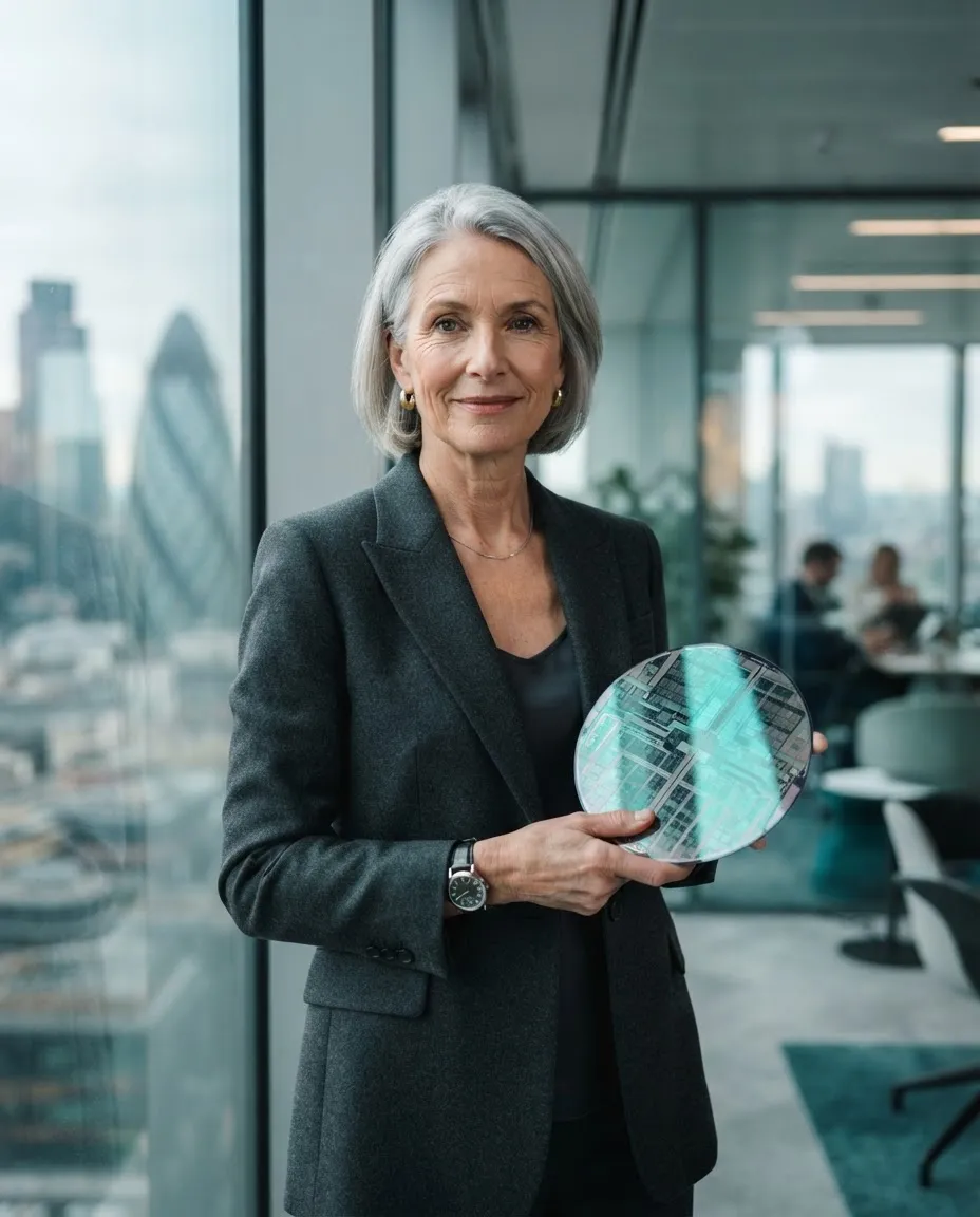 Technology executive holding a silicon wafer in a glass office