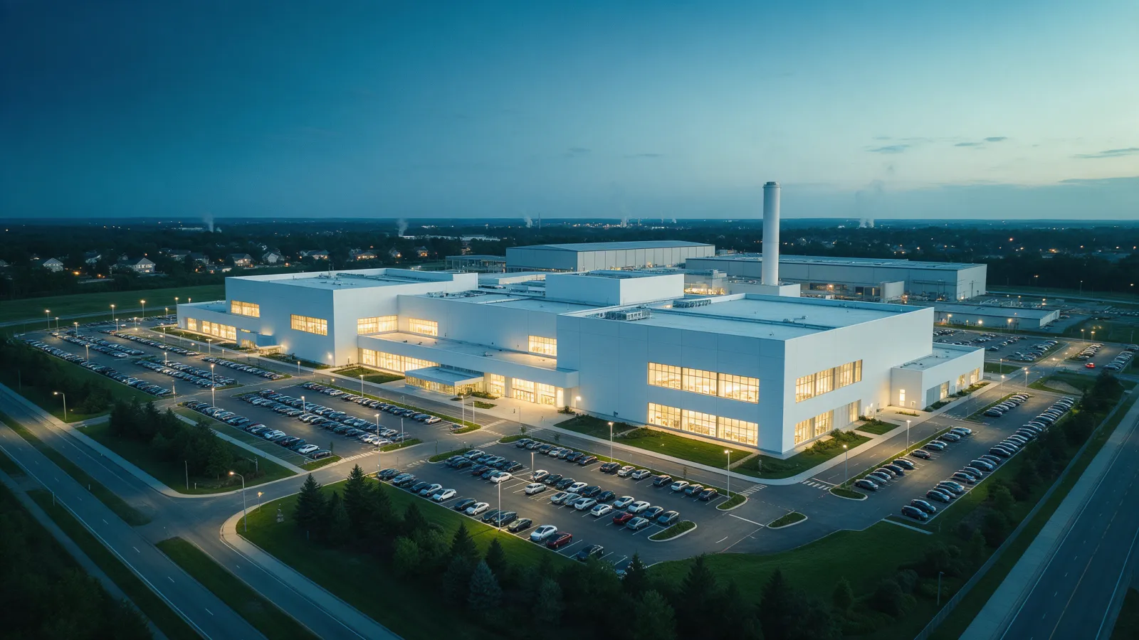 Aerial view of a semiconductor fab at dusk