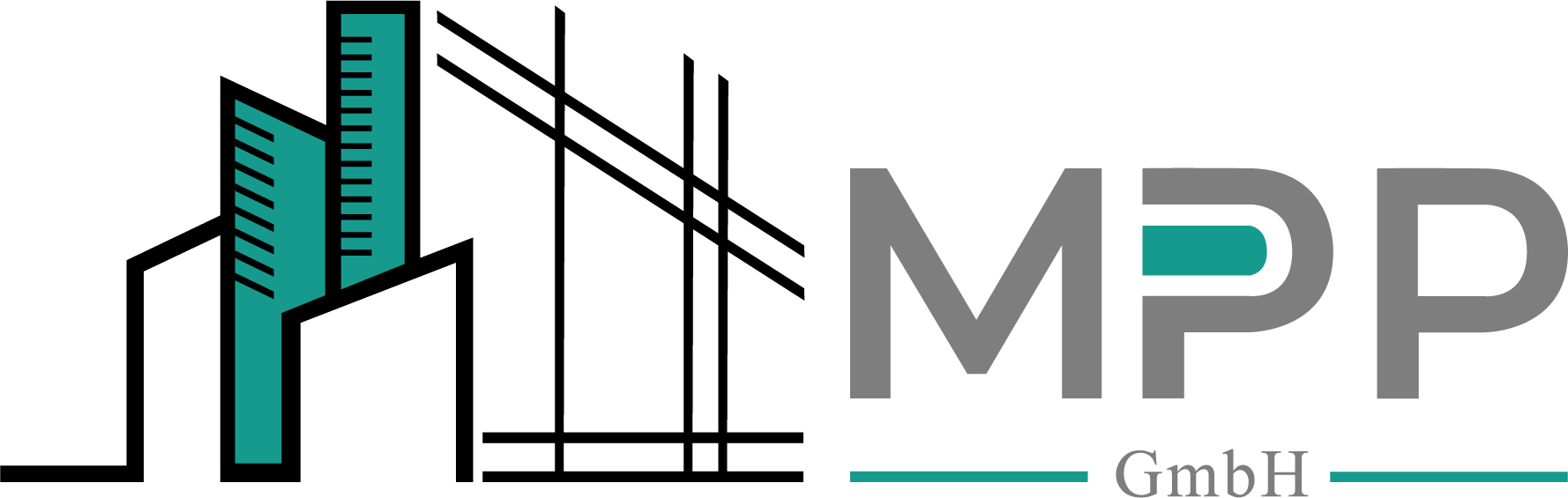 Logo mit stilisierten grünen Gebäuden links und den grauen Buchstaben MPP mit einem grünen horizontalen Strich im P rechts, darunter steht GmbH mit grünen Linien links und rechts.