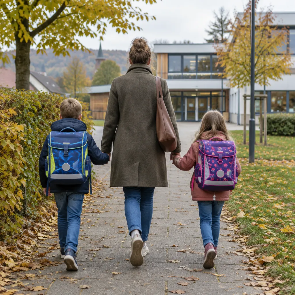 Kinder mit Schulranzen auf dem Weg zur Schule
