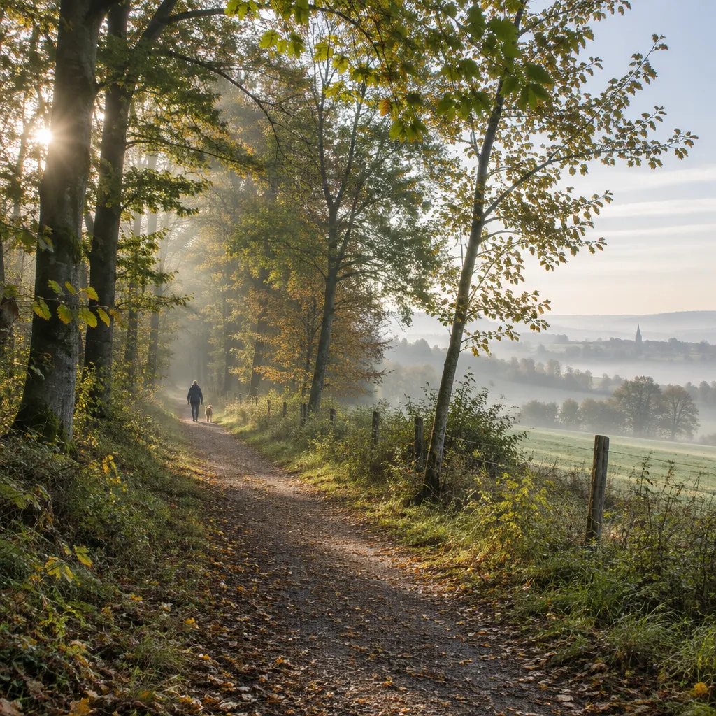 Waldweg am Feldrand im Herbstlicht