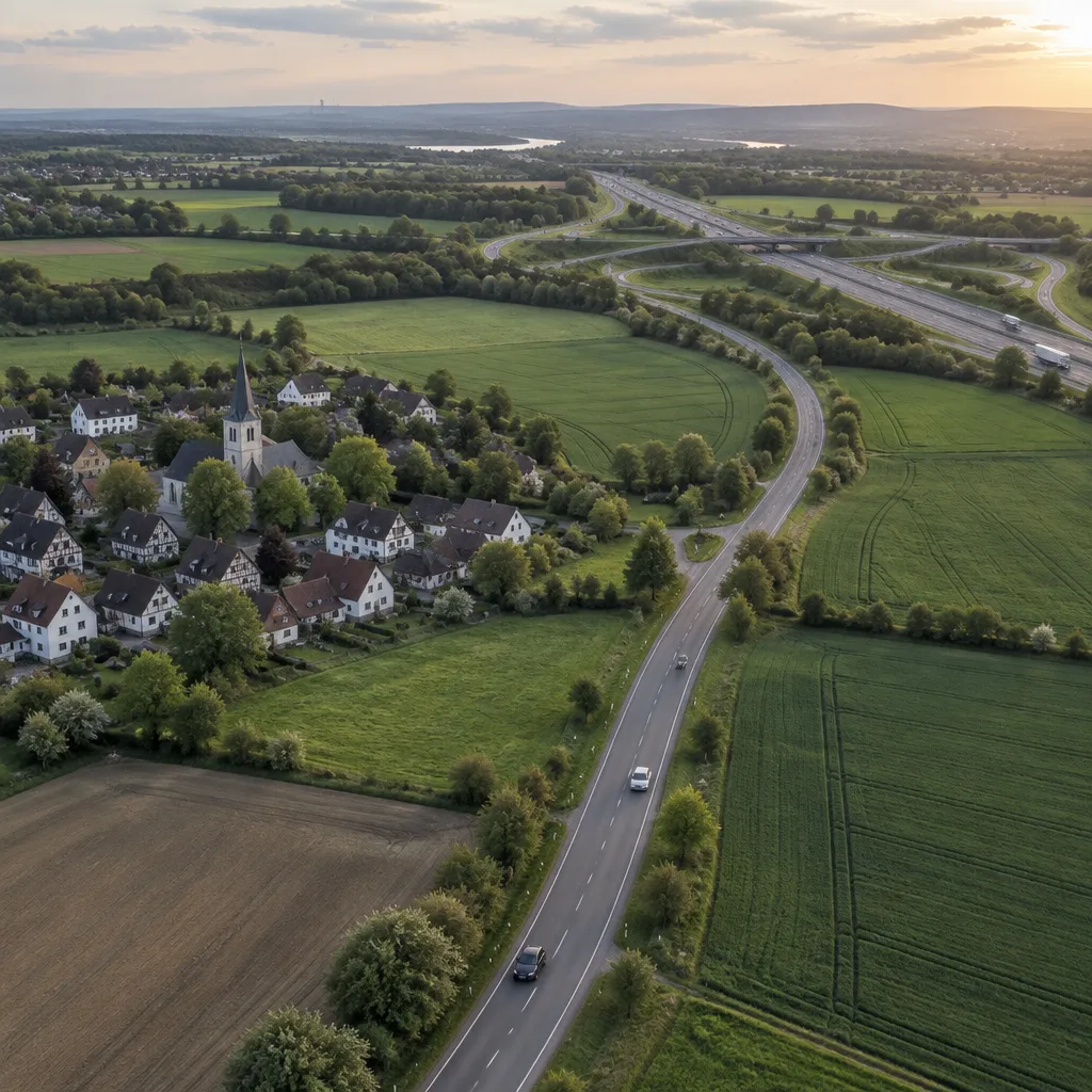 Landstraße durch Felder in Richtung Autobahnkreuz aus der Luft