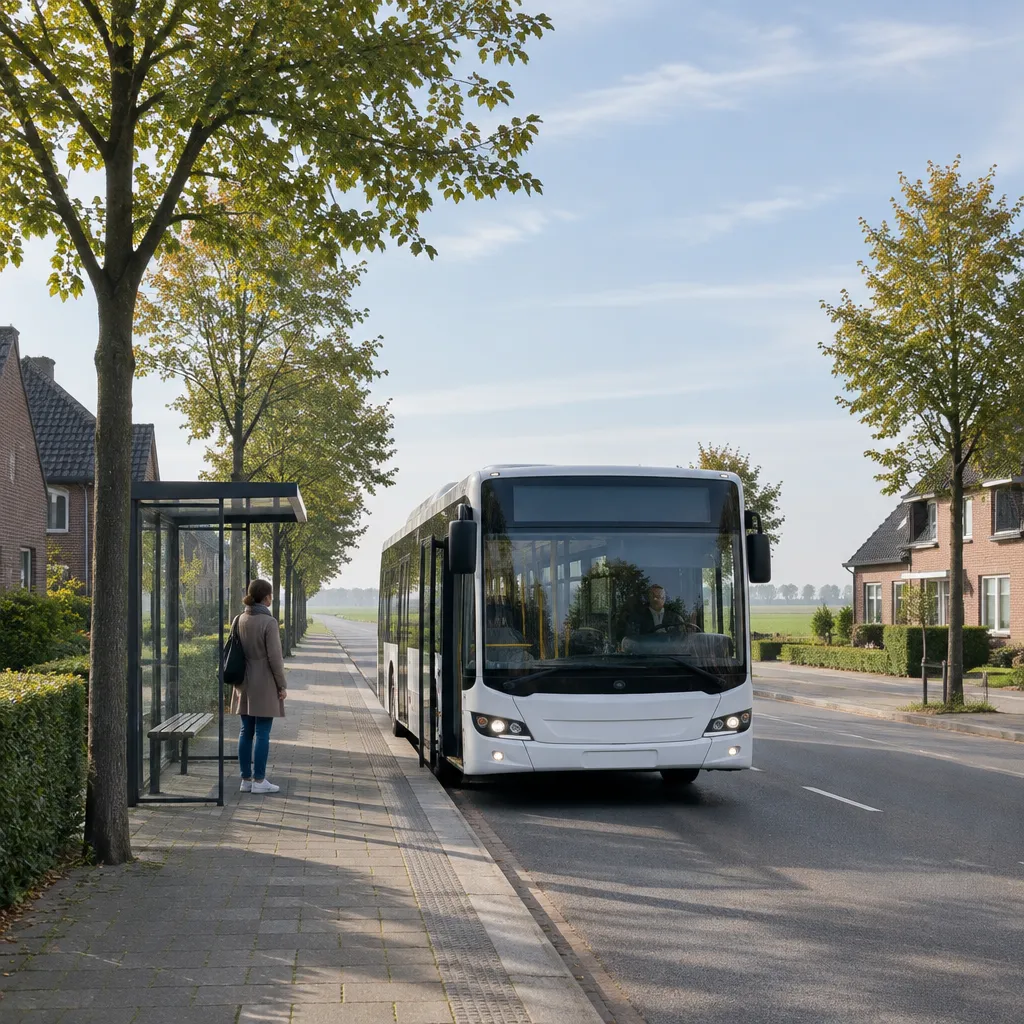 Linienbus an einer Haltestelle in einer ruhigen Wohnstraße