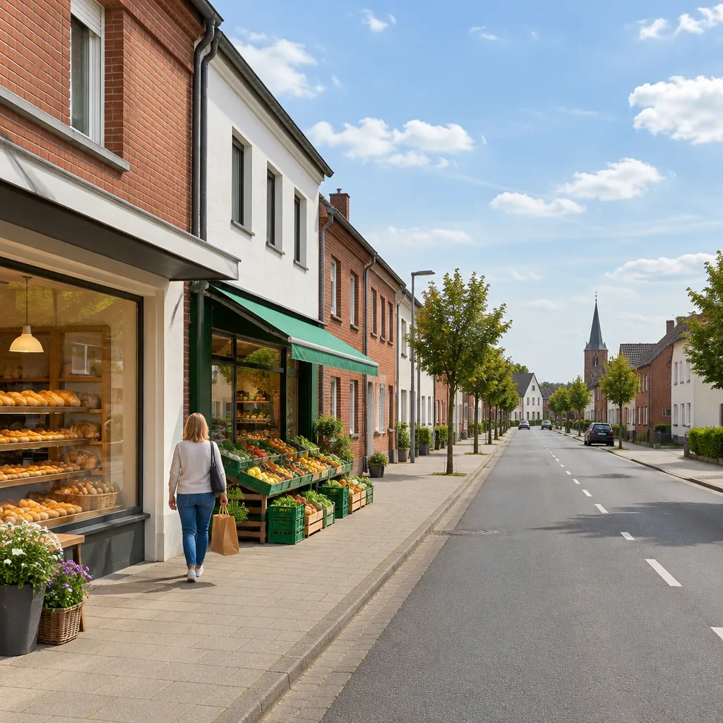 Kleine Ortsstraße mit Bäckerei und Gemüsehändler