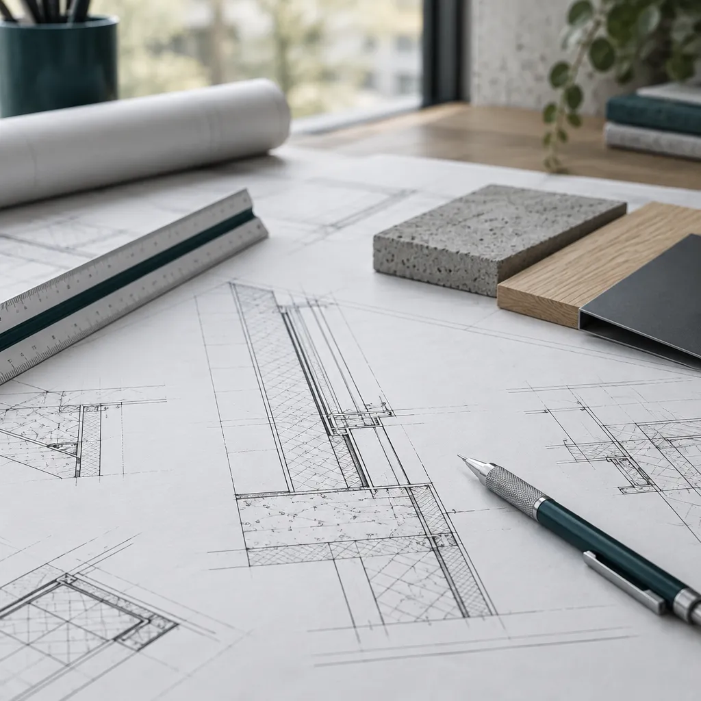 Konstruktionsdetails, Maßstab und Materialmuster auf einem Planungstisch
