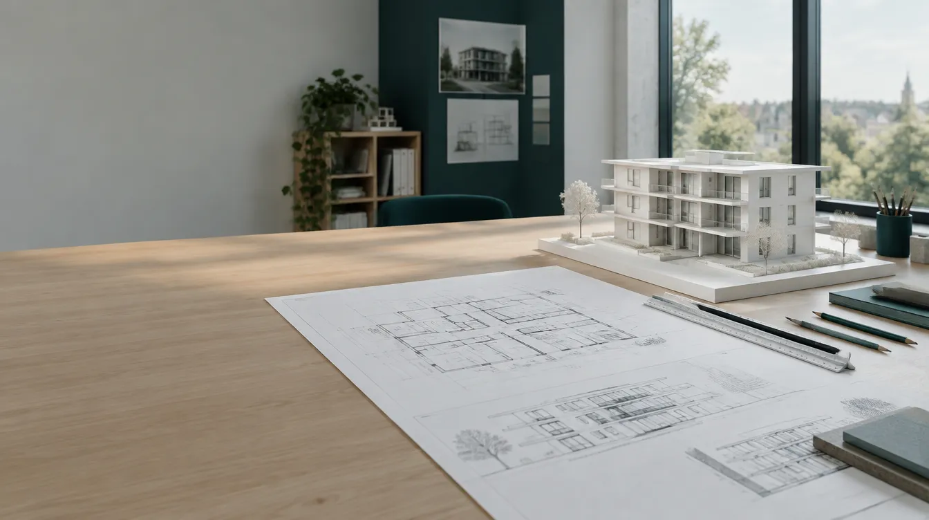 Planungstisch mit Grundrissen und Architekturmodell eines Mehrfamilienhauses