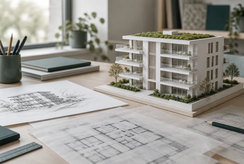 Architekturmodell eines Mehrfamilienhauses mit Entwurfsskizzen