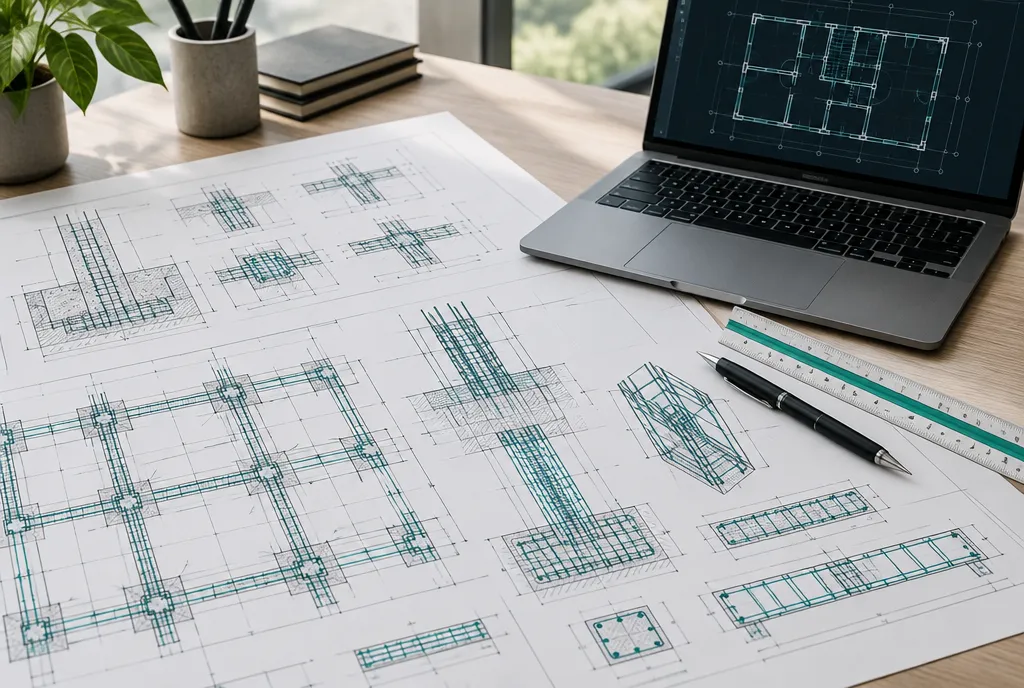 Tragwerksplanung mit Bewehrungsdetails und Grundriss am Laptop