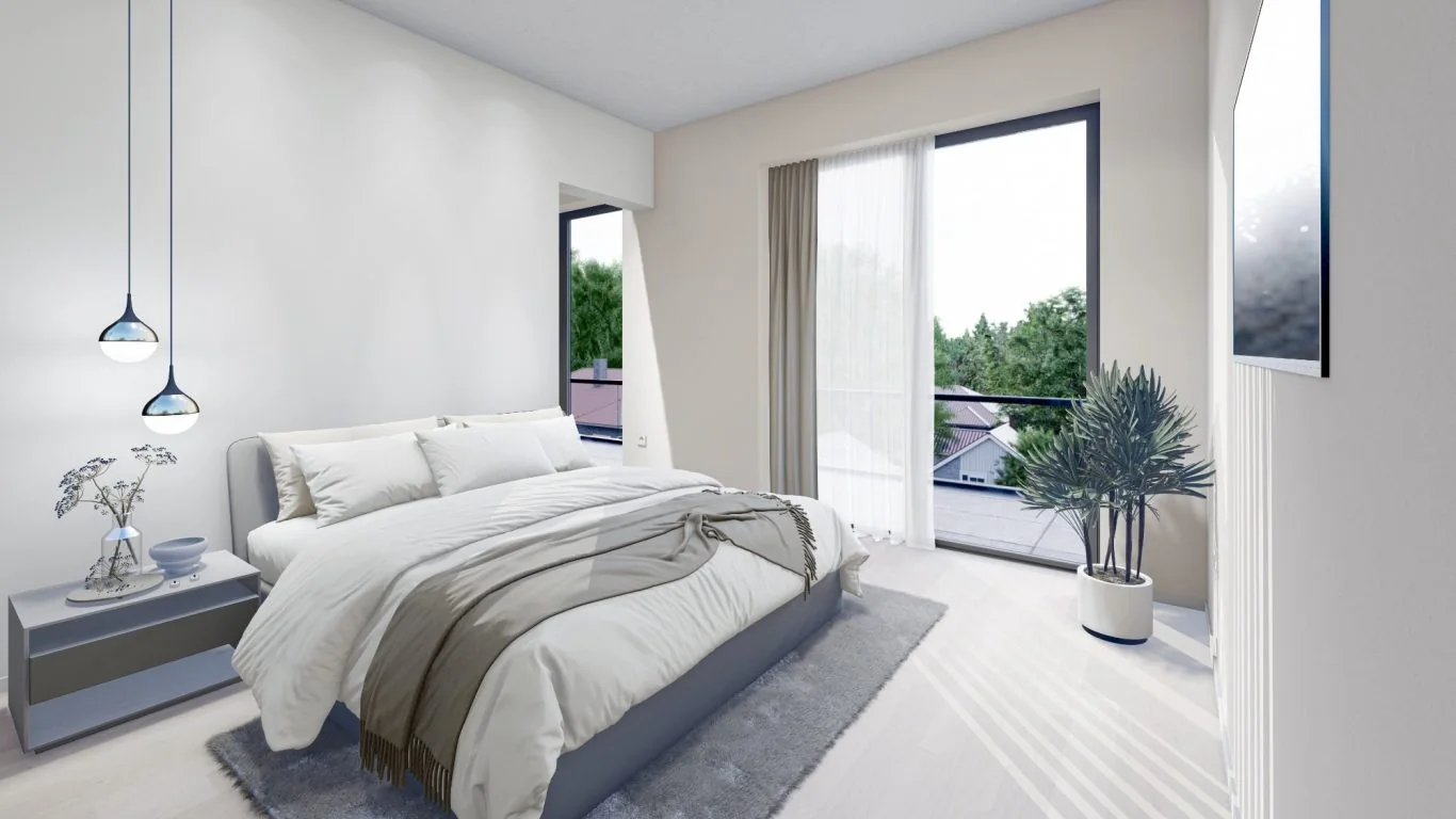 Visualisierung: Schlafzimmer mit bodentiefen Fenstern in einer Wohnung von Im Tal