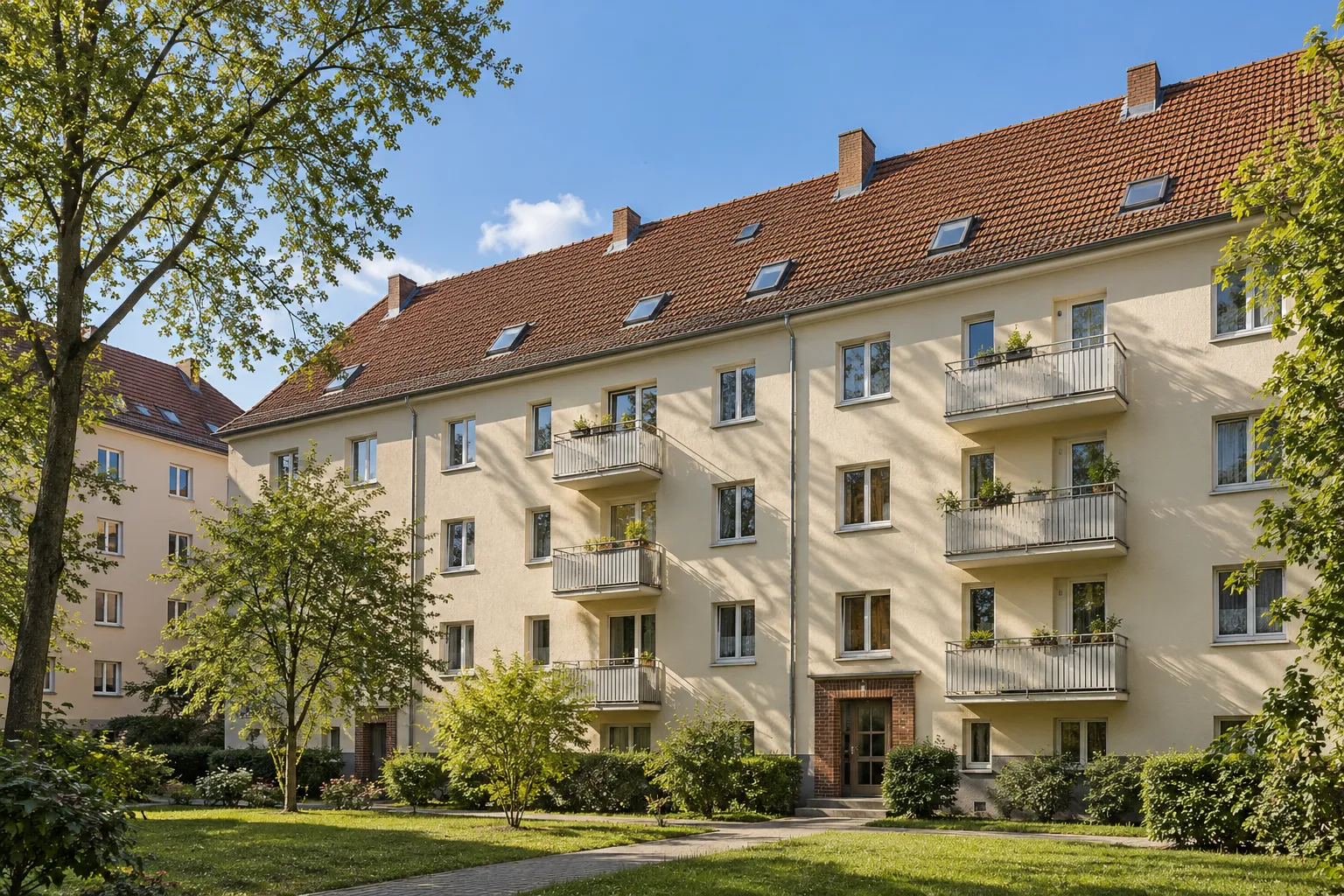 Älteres Mehrfamilienhaus mit heller Putzfassade, Balkonen und Ziegeldach im grünen Wohnumfeld.