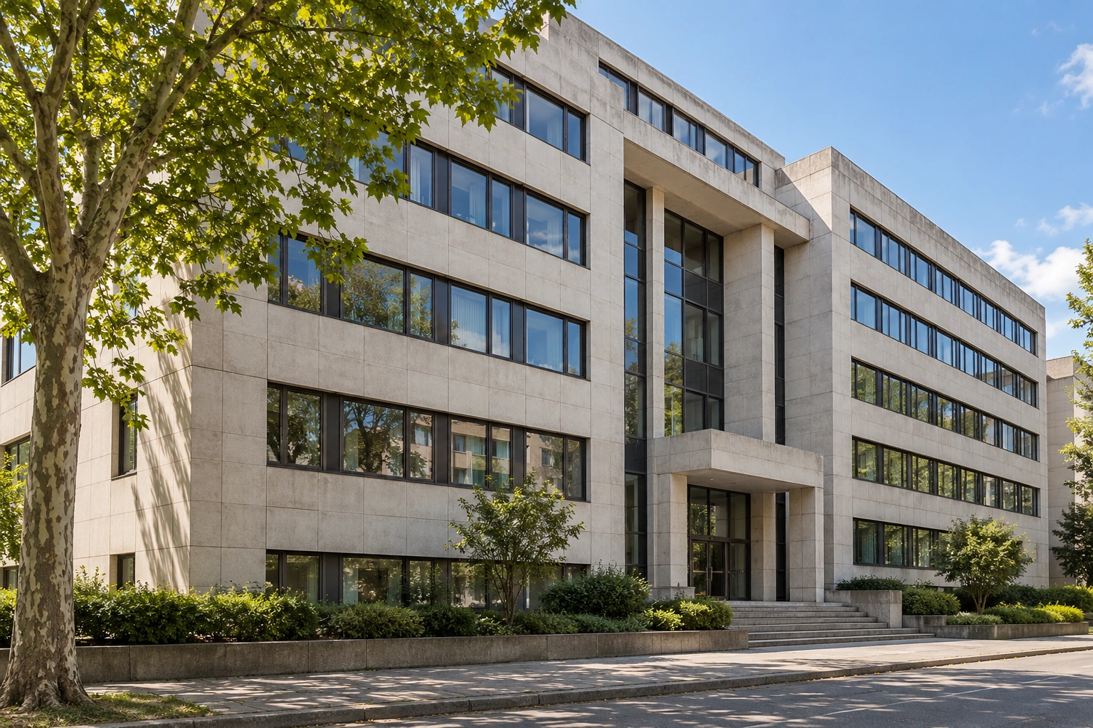 Bestehendes Bürogebäude mit heller Natursteinfassade, zurückgesetztem Eingang und gewachsenen Bäumen im Sonnenschein.