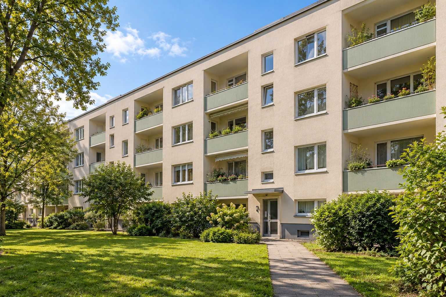 Wohngebäude im Bestand mit grünen Loggien in einem sonnigen Gartenhof.