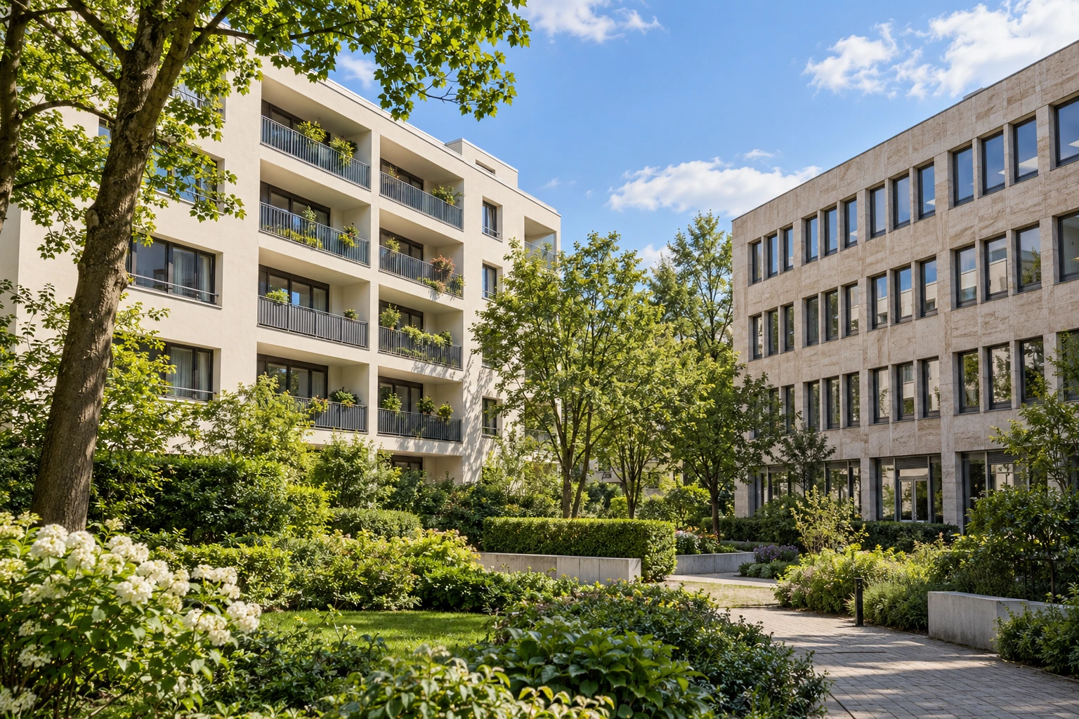Wohn- und Bürogebäude im Bestand mit begrüntem Innenhof und gewachsenen Bäumen bei sonnigem Wetter.