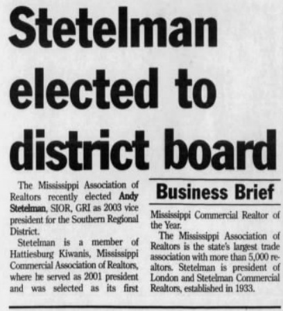 Stetelman elected to district board — Hattiesburg American, November 16, 2002