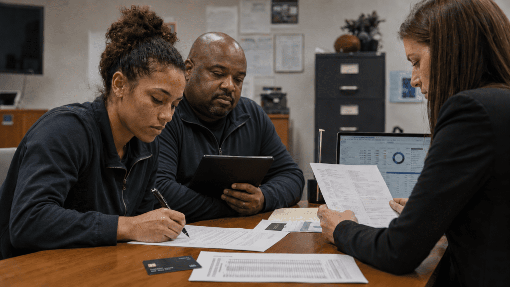 serious university athletics compliance meeting inside a modest college athletics office or conference room