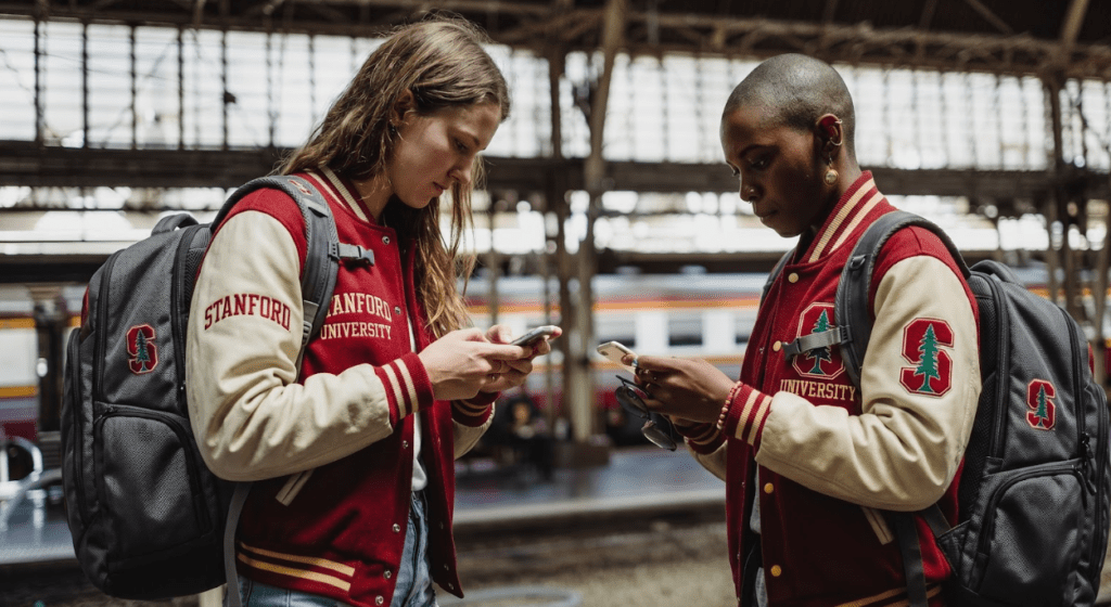 College athletes checking their mobile device