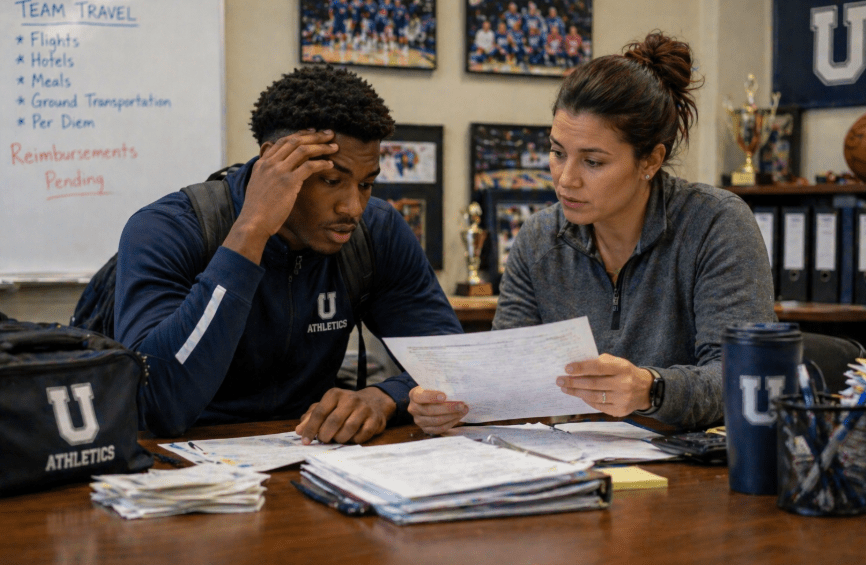 University athlete reviewing travel reimbursement paperwork with staff member in athletics office