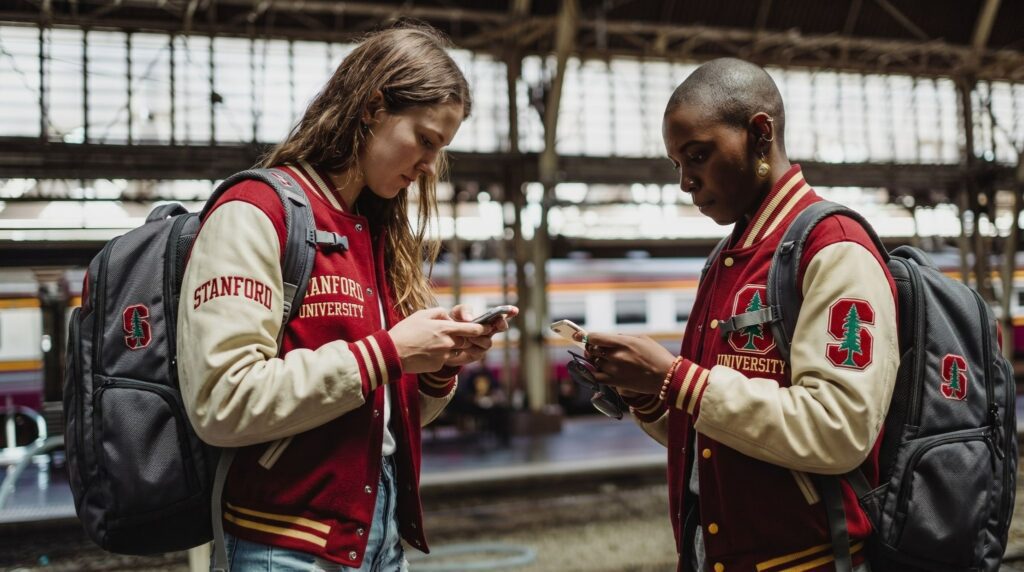 College athletes preparing for travel, checking details on a mobile device