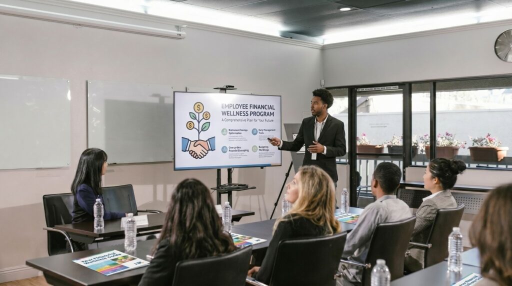 HR manager presenting an employee financial wellness program to a group of colleagues in a conference room