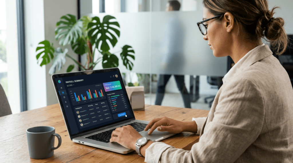 Executive reviewing employee financial wellness data on a digital dashboard in a corporate setting