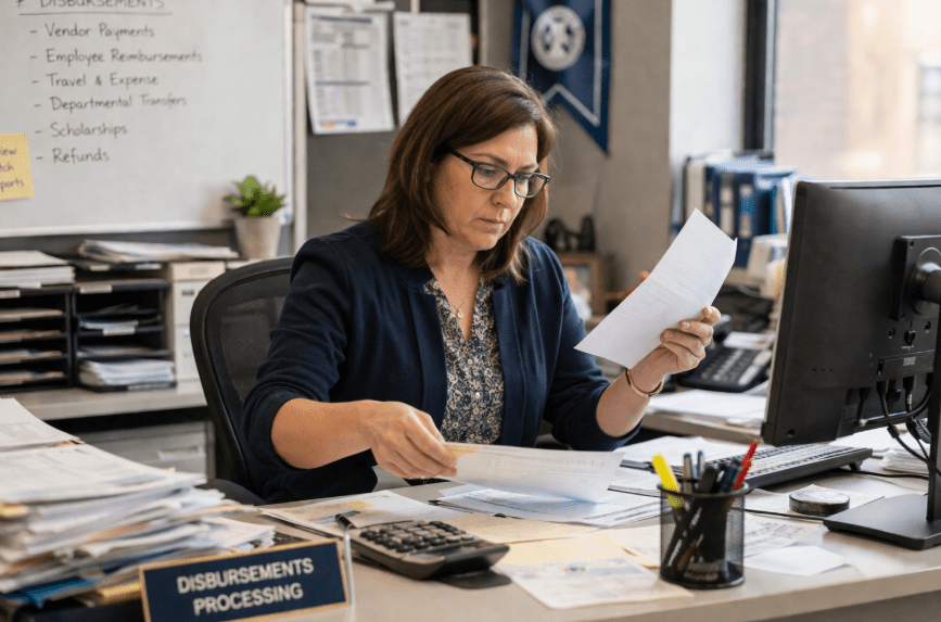 University Admin processing Disbursements for the school