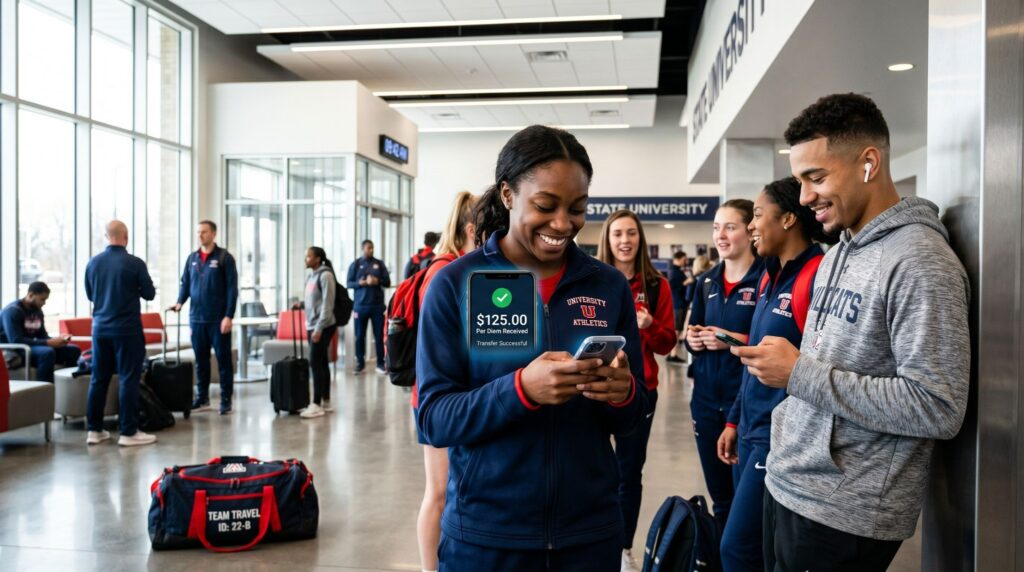 College athletes receiving digital per diem disbursements via mobile devices before a tournament trip