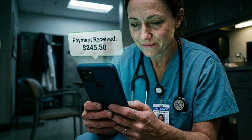 Healthcare worker reviewing earned wages on a digital banking app, representing on-demand pay access and flexible wage tools